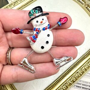 Vintage Skating Snoman Brooch Winter Pin